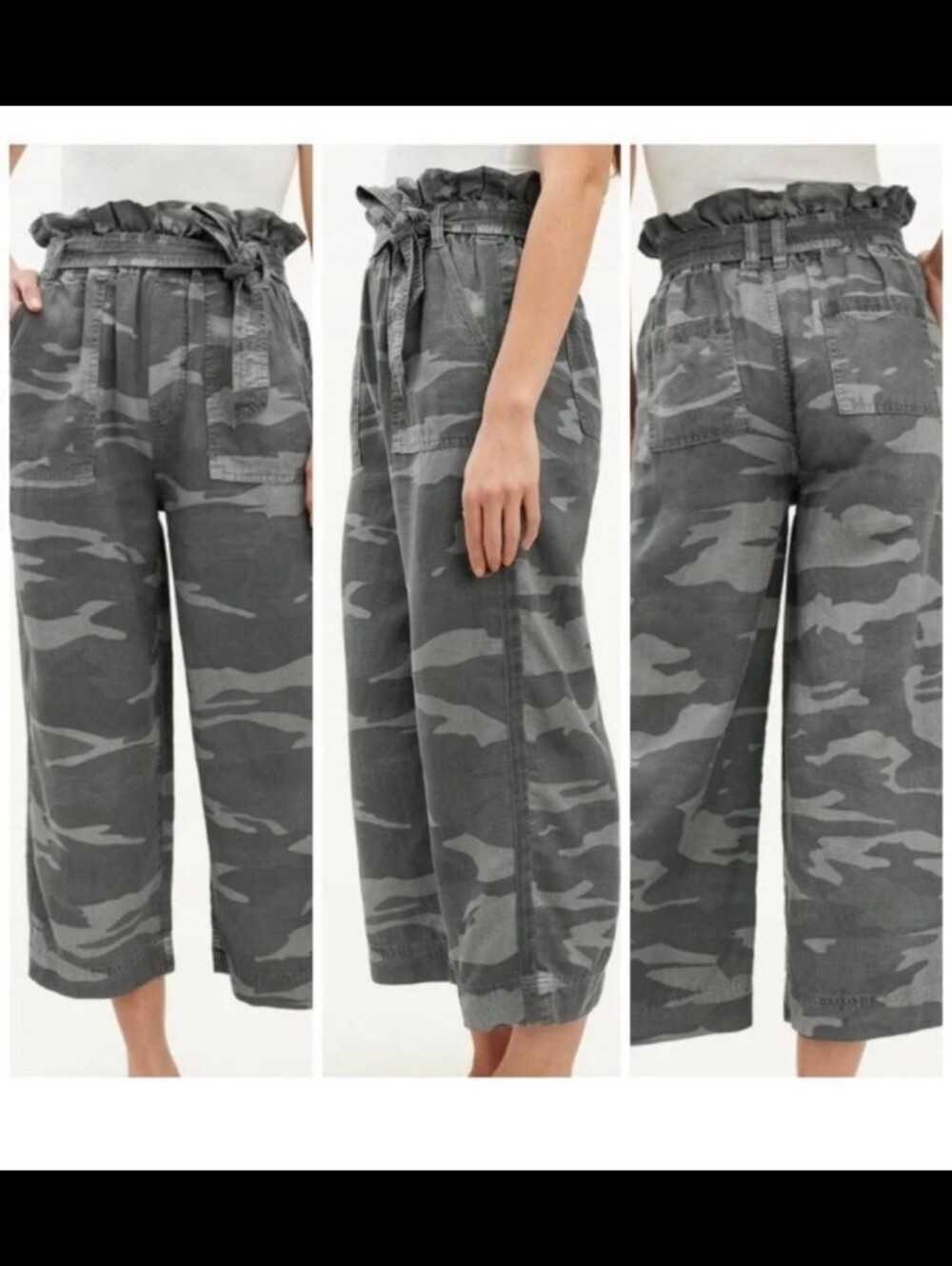 NWT $178 Splendid Collection Linen Blend Wide Leg Cropped Bag Waist Camo Pants S